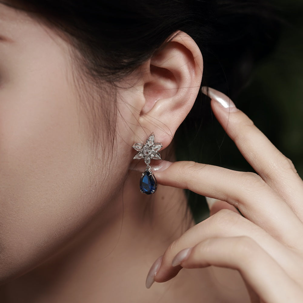 Earrings with Blue Flower and Teardrop design