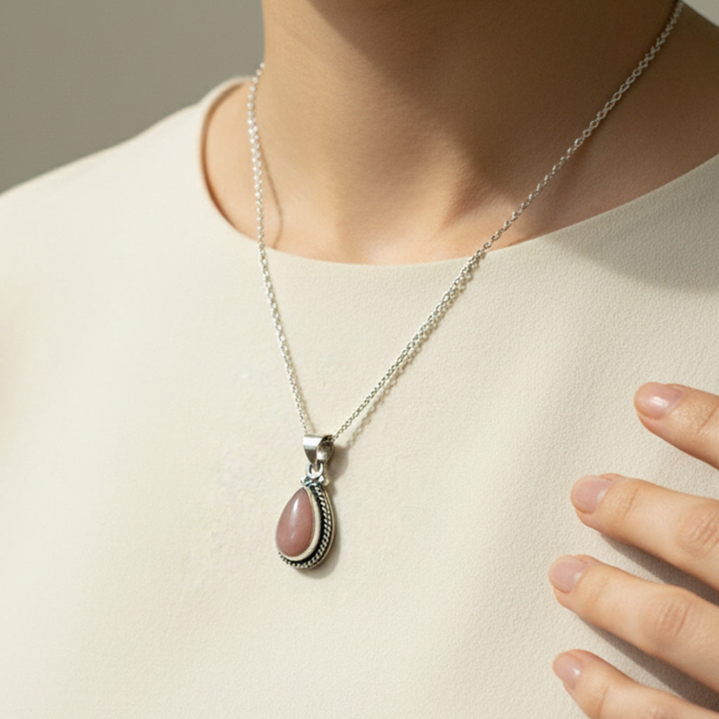 950 Silver Necklace with Natural Pink Stone