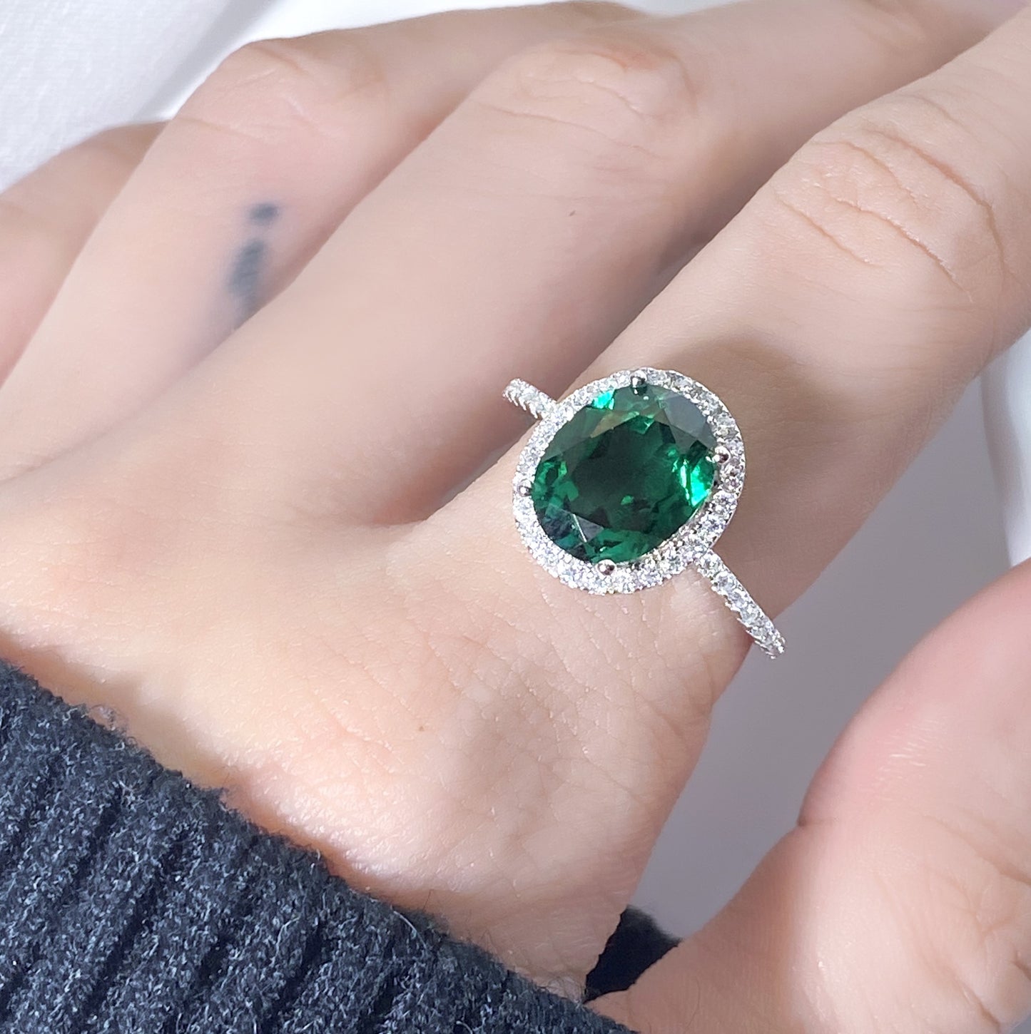 EMERALD WHISPER: SILVER OVAL GREEN STONE RING