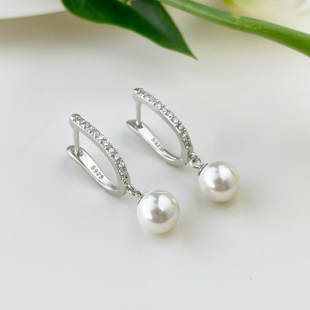 Silver Hoop Earrings with Hanging Pearl