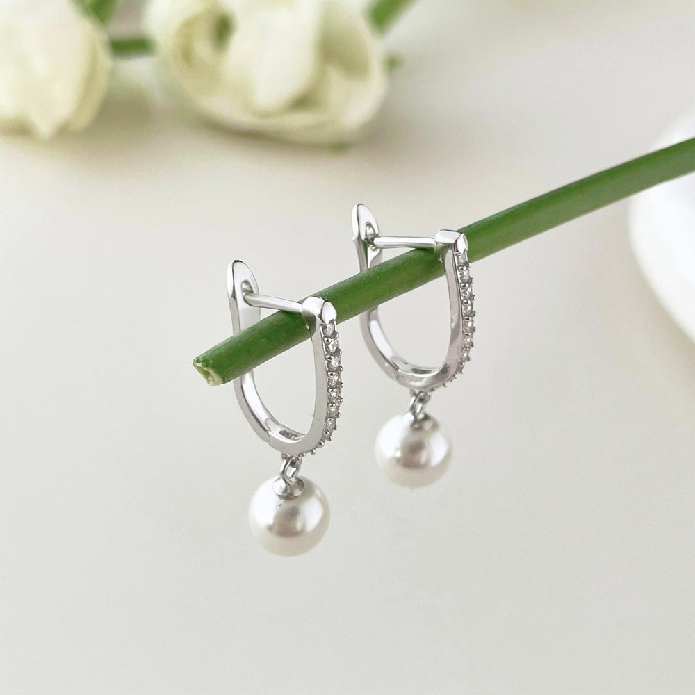 Silver Hoop Earrings with Hanging Pearl